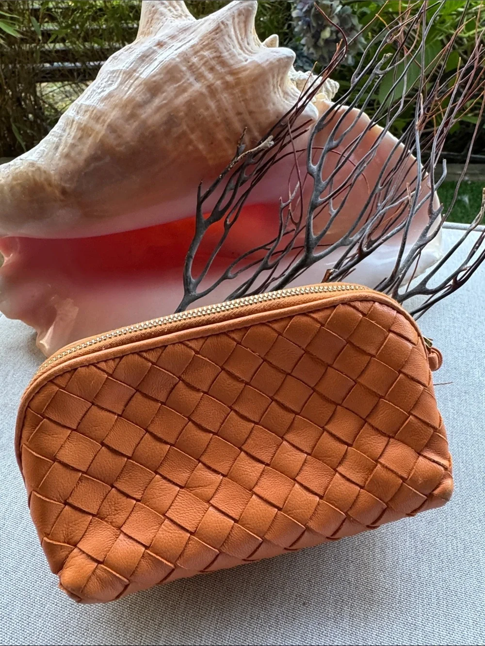 Bottega Veneta Orange Intrecciato Leather Cosmetic Pouch Small